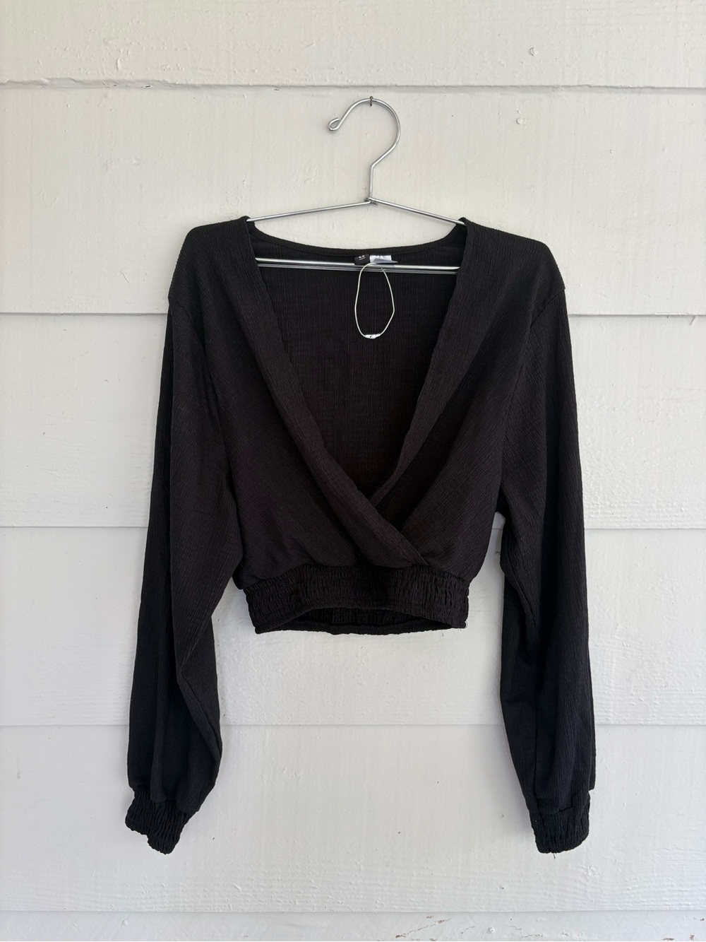 H&M Divided Black Wrap Crop Top Size Small Long Sleeve Smocked Y2K Blouse